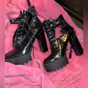 Black Leather Strap Platform Heels